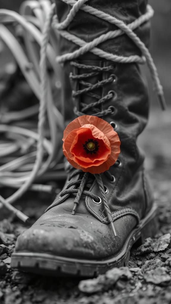 WWI Trench Boot Approaches Vivid Red Poppy in B&W Photo