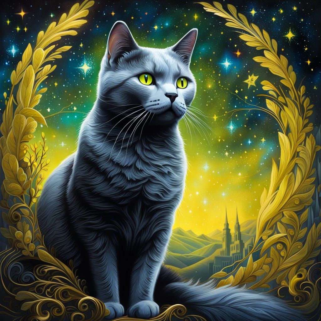 Beautiful Chartreux Cat in Starry Graffiti Art