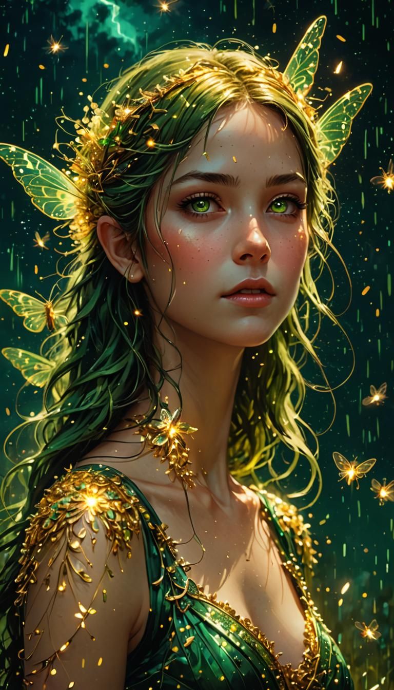 Gold and Green Fairy Portrait with Fireflies