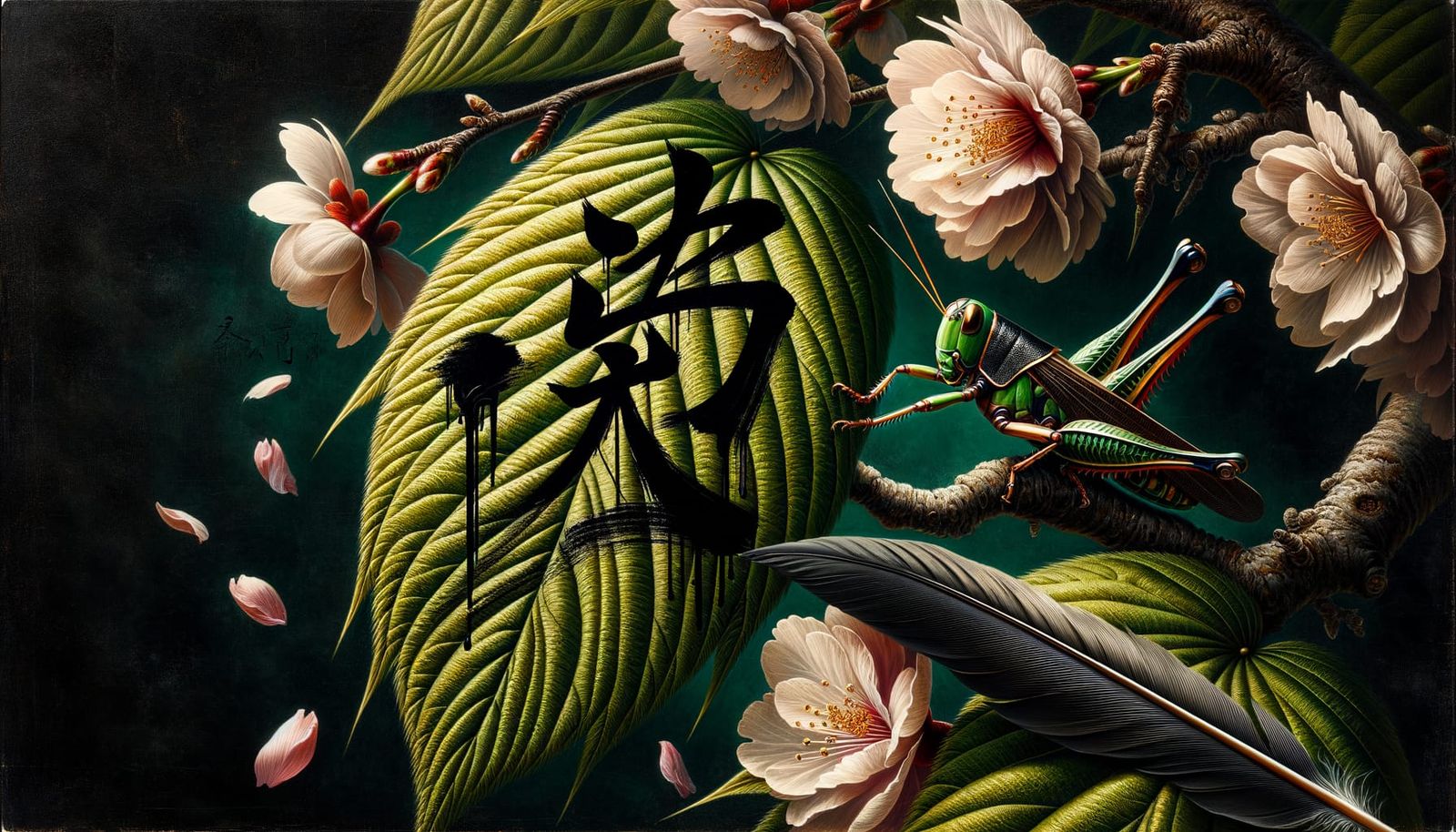 Grasshopper on Cherry Blossom Tree with Calligraphy