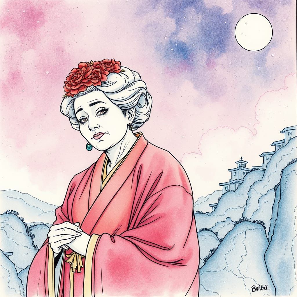 Ethereal Japanese Grandma in Moebius Style Line Art