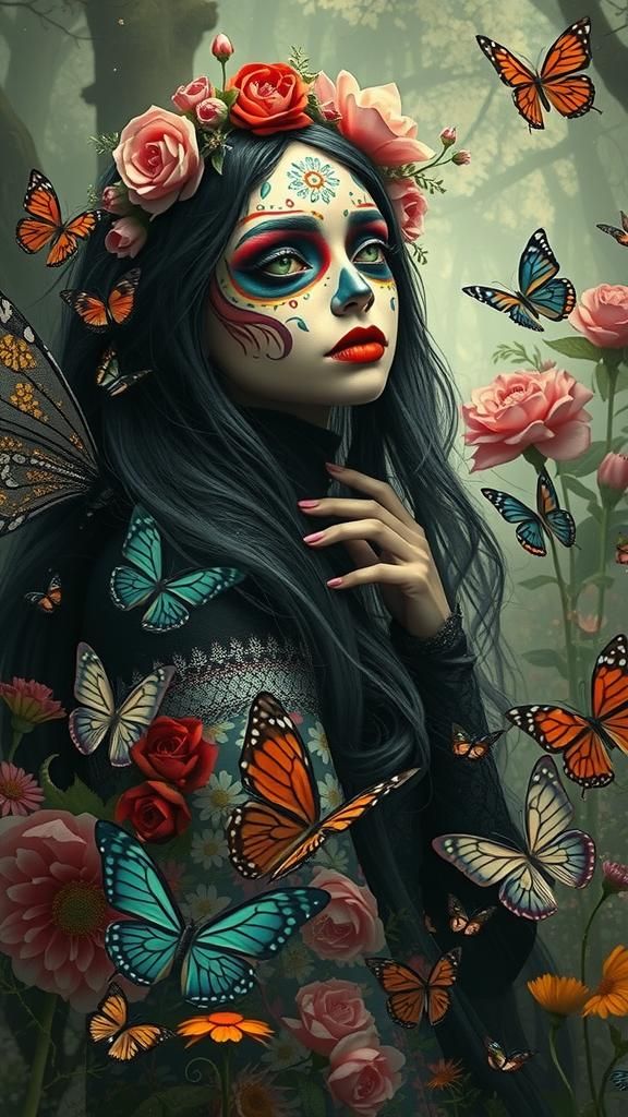 Raven-Haired Woman in Día de los Muertos Flower Dreamscape