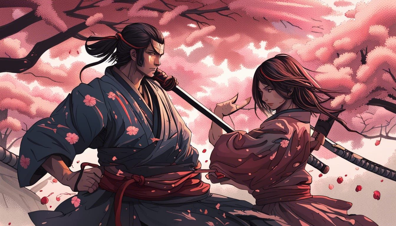 Samurai Fight Under Cherry Trees in Anime Style