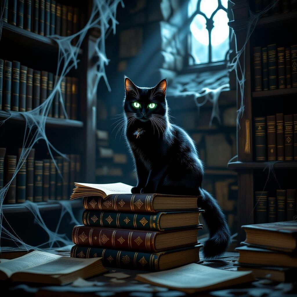 Black Cat on Ancient Tomes in Mystic Study