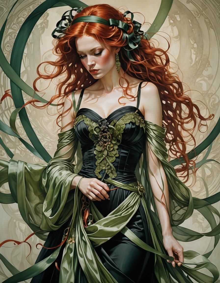 Elegant Red-Haired Woman in Silk Ribbons, Portrait