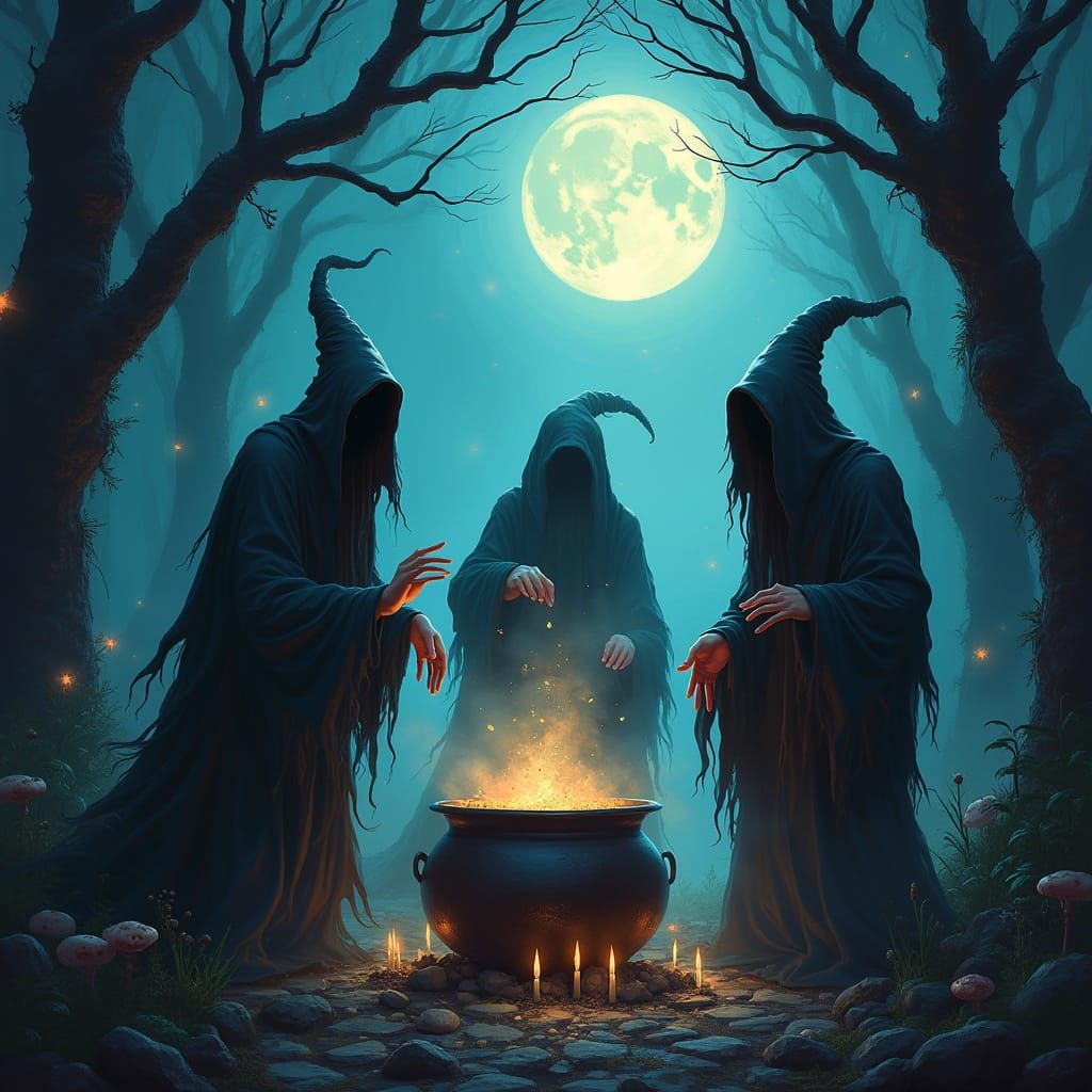 Ghostly Witches Gathering in Haunted Forest