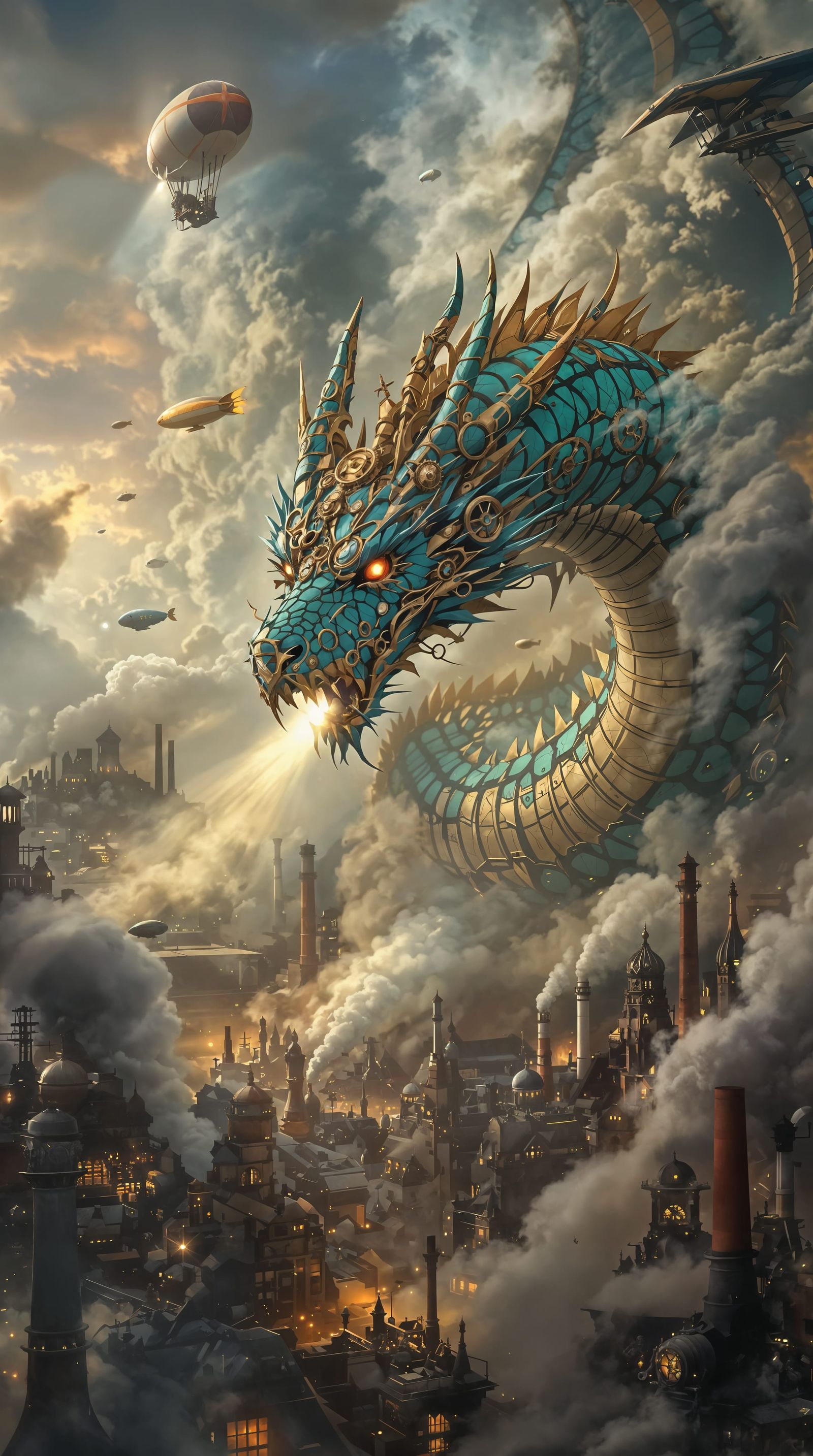 Steampunk Dragon Soaring Above Victorian City