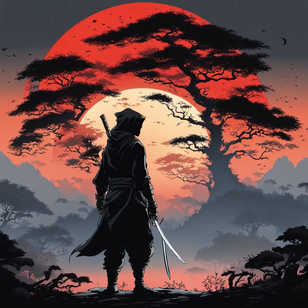 Ninja Gazing at Giant Red Moon in Ethereal Forest