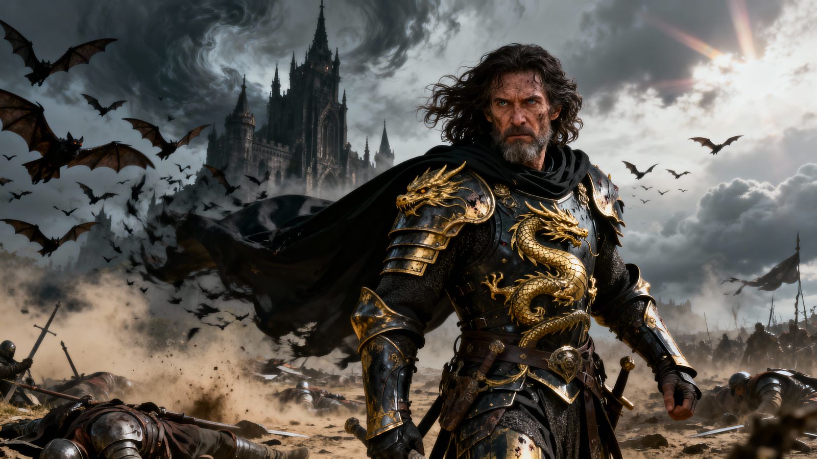 Ancient Warrior Amidst Devastated Battlefield