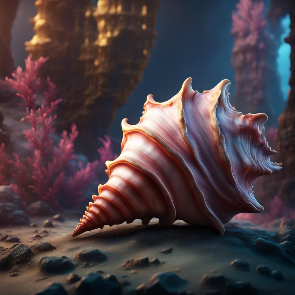Detailed Conch Shell Matte Painting in Deep Color