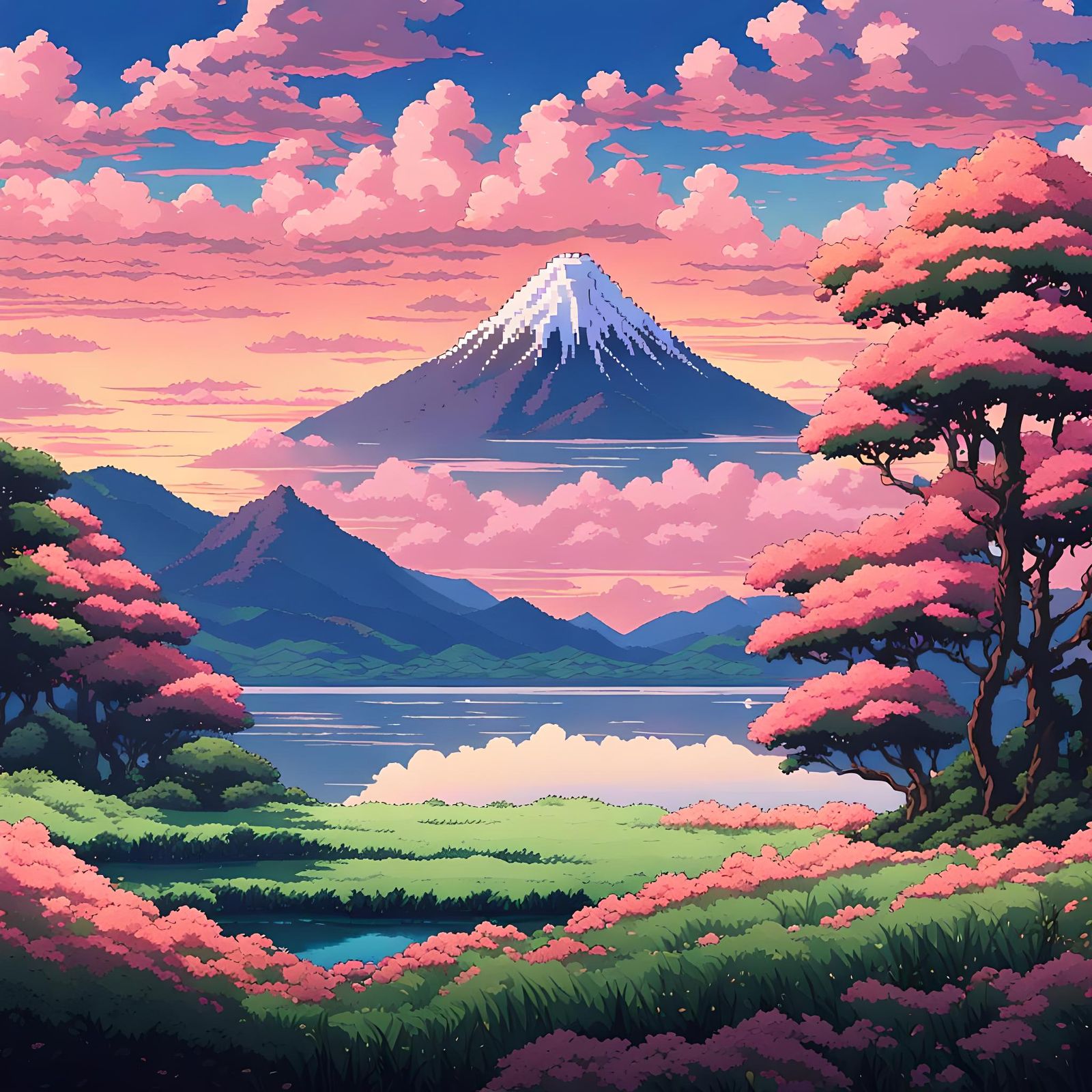 Pixel Art Sunset Landscape in Studio Ghibli Style