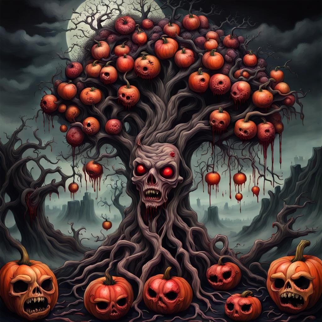Surreal Zombie Tree with Bloody Fruit Artwork