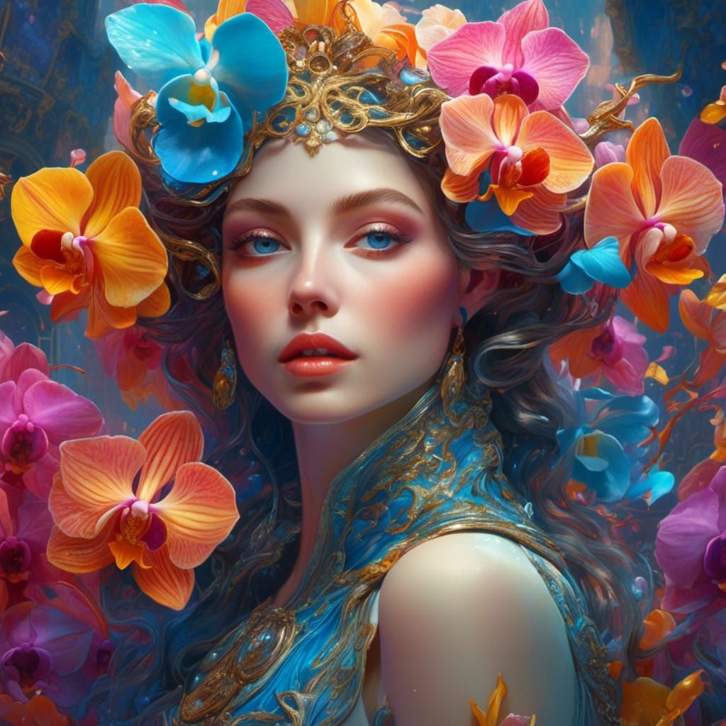 Orchid Woman Portrait in Art Nouveau Style