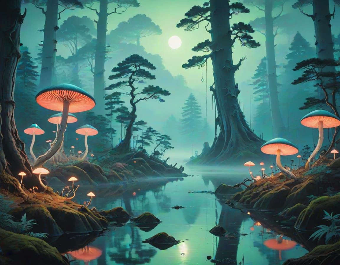 Ethereal Woodblock Forest Scene in Dreamlike Atmosphere