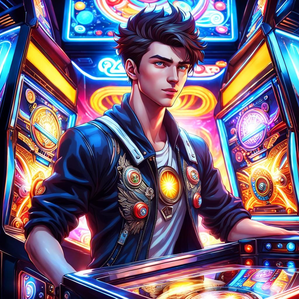 Anime Lad Plays Pinball in Hyperrealistic Style