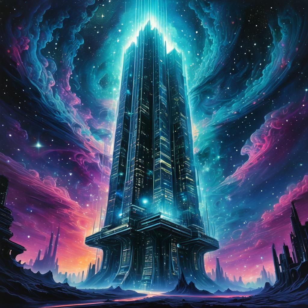 Cosmic Skyscraper Amidst Nebula in Psychedelic Style