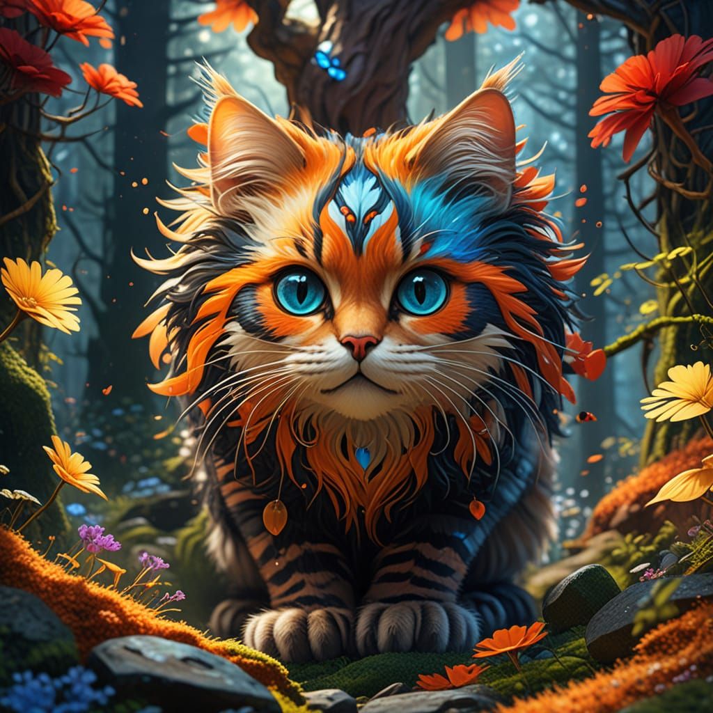 Majestic Feline in Mystical Forest, Hyper-Realistic Surreali...