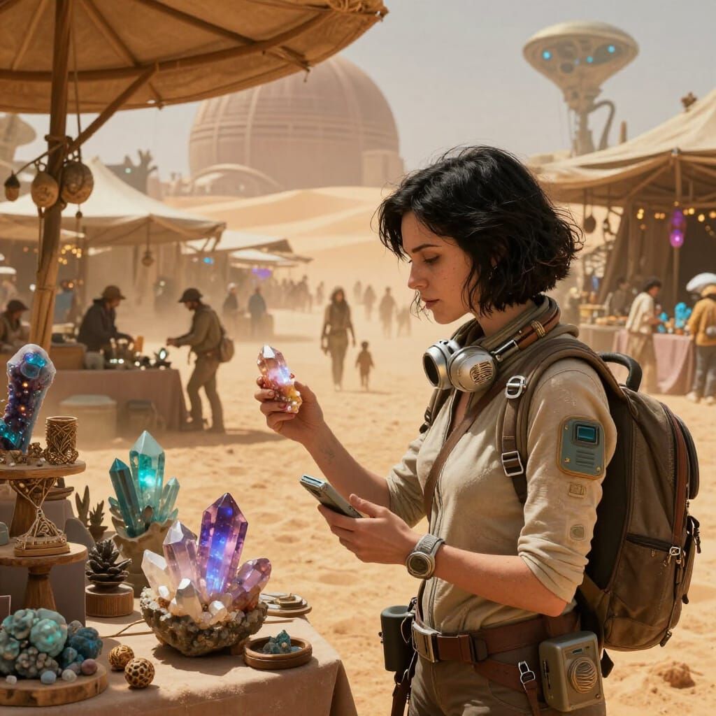 Alien Marketplace Discovery by Geologist in Desert Planet