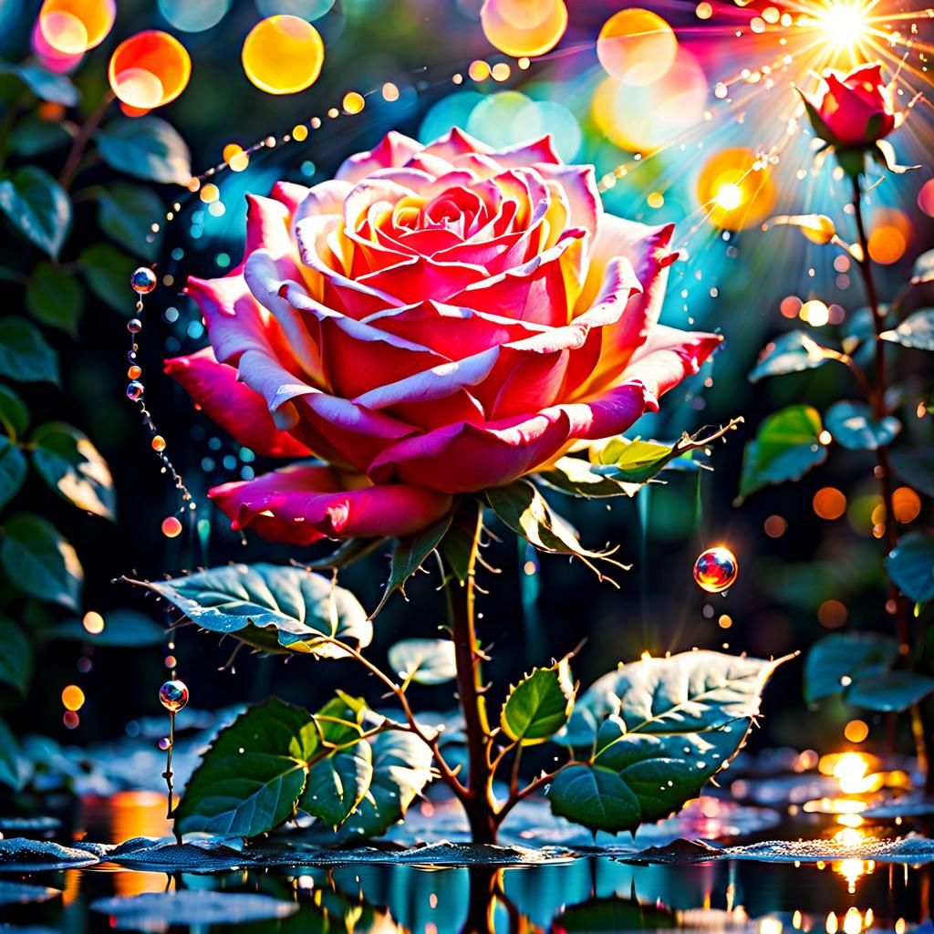 Breathtaking Acrylic Rose with Reflections and Lens Flares