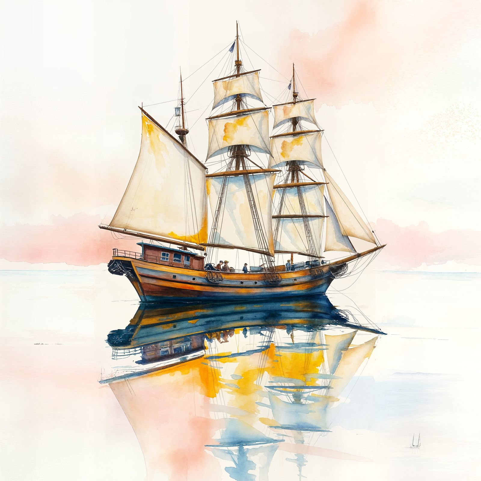 Sailing Vessel on Serene Waters in Vibrant Watercolor