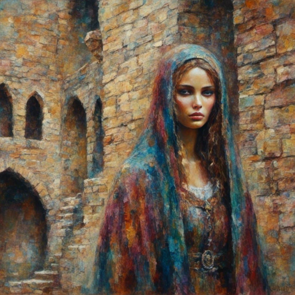 Medieval Woman in Castle with Oil Painting Textures