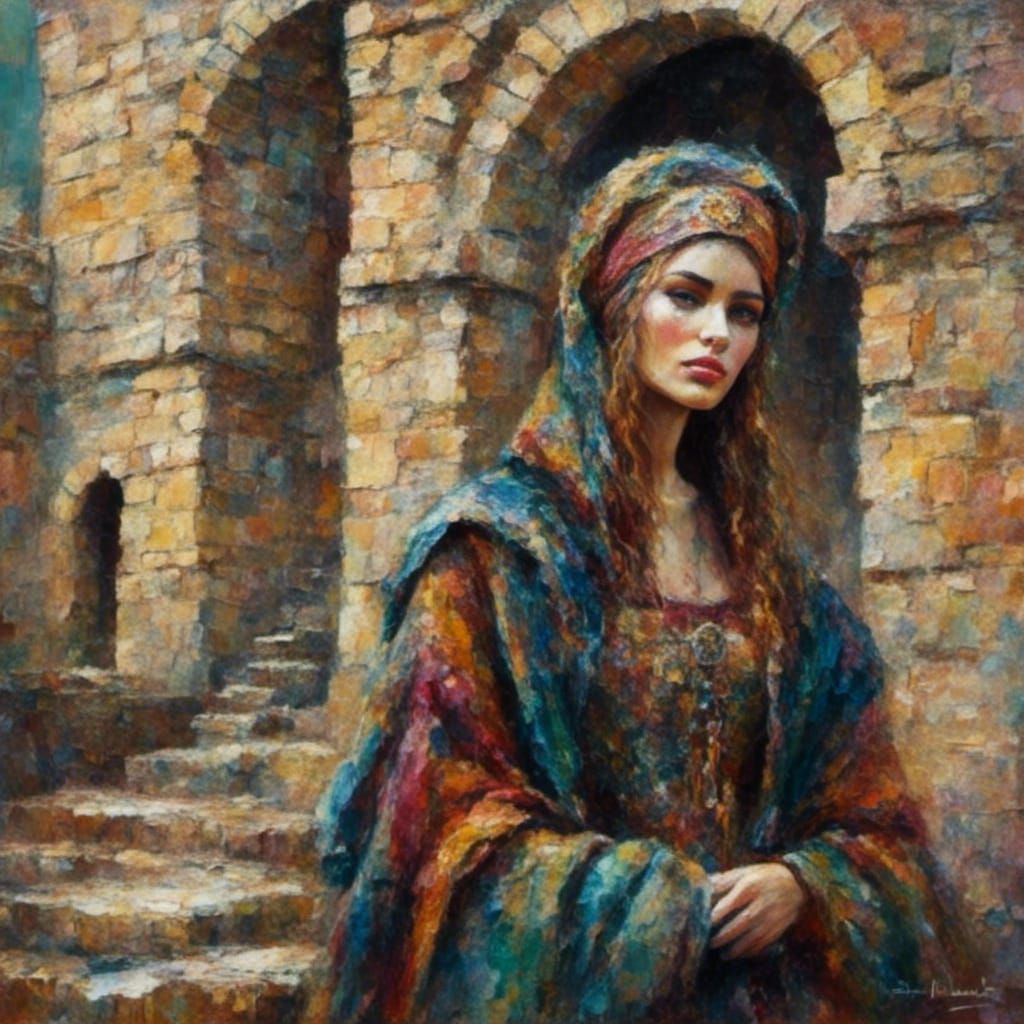 Medieval Woman in Castle, Oil Painting Style