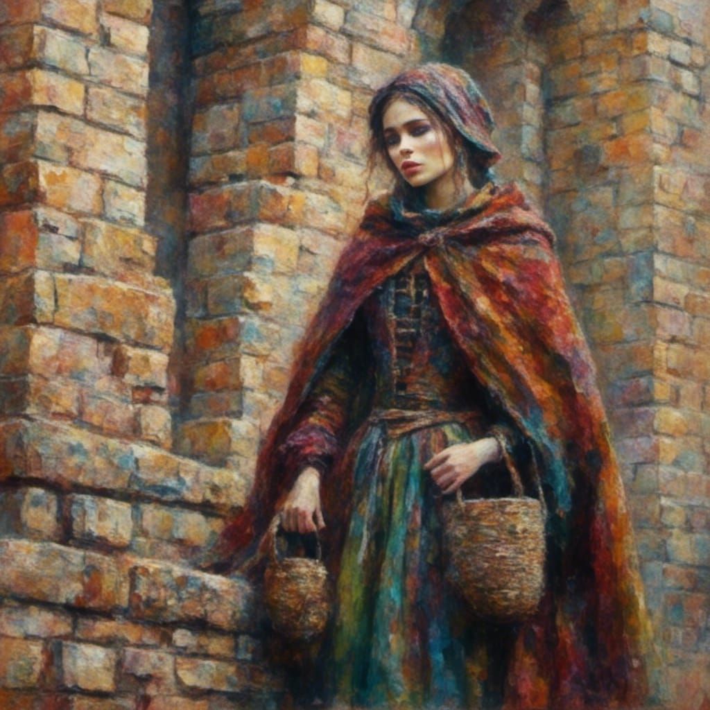 Woman in Medieval Dress Inside Castle as Oil Painting