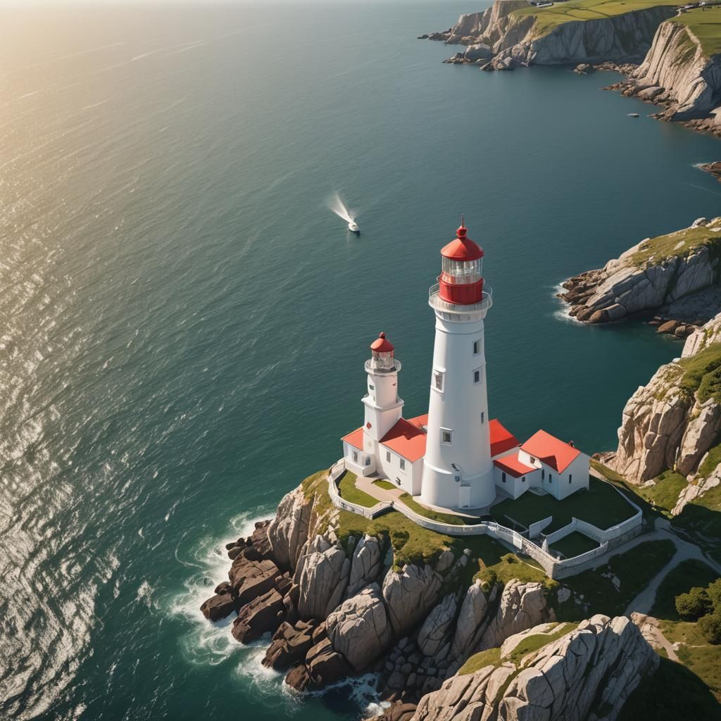 White Lighthouse on Rocky Cliff in Summer
