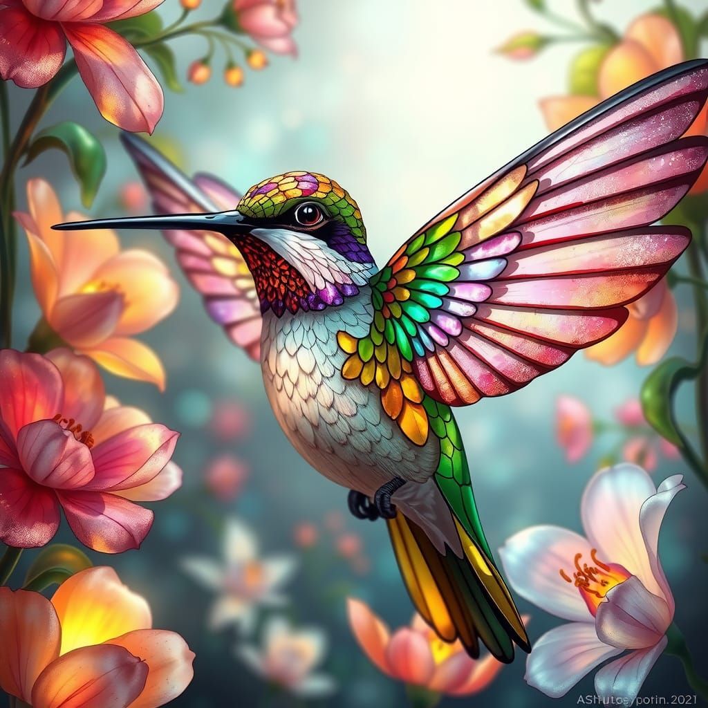 Ethereal Hummingbird in Vibrant Art Nouveau Style