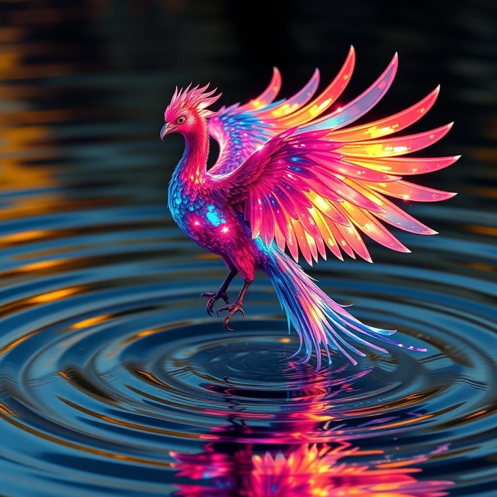 Iridescent Phoenix Reflects in Water: Graffiti Splash Art