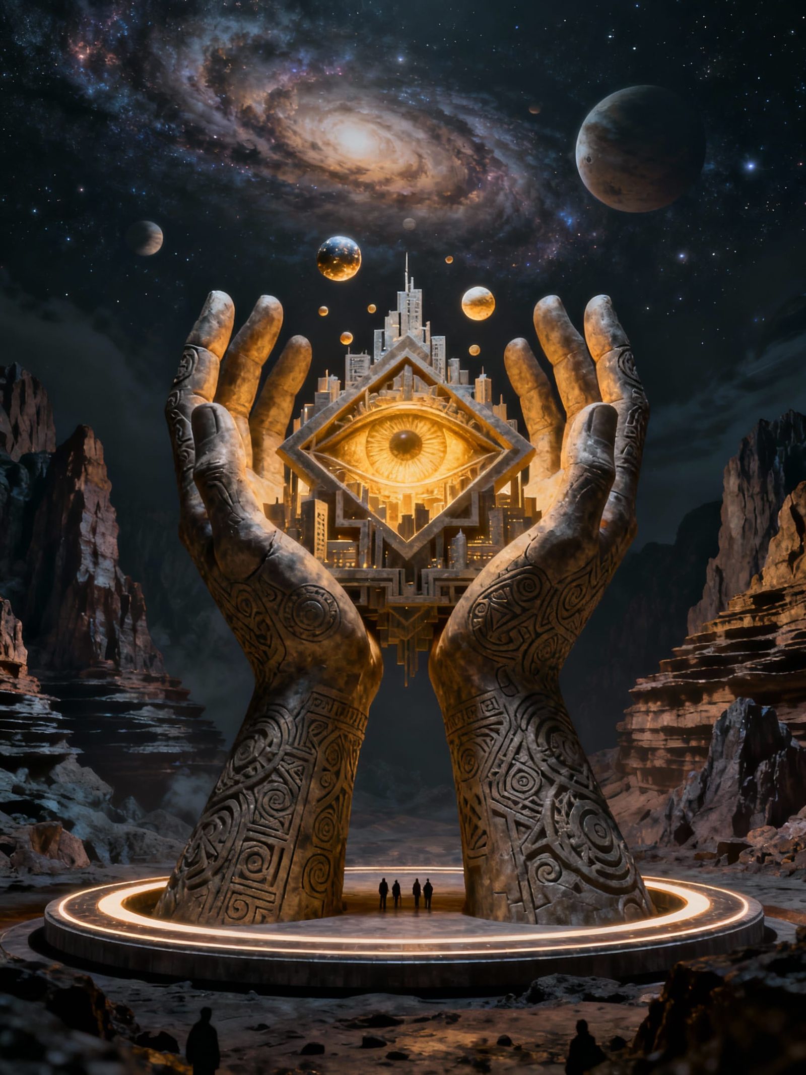 Giant Carved Hands Hold Glowing City in Cosmic Landscape