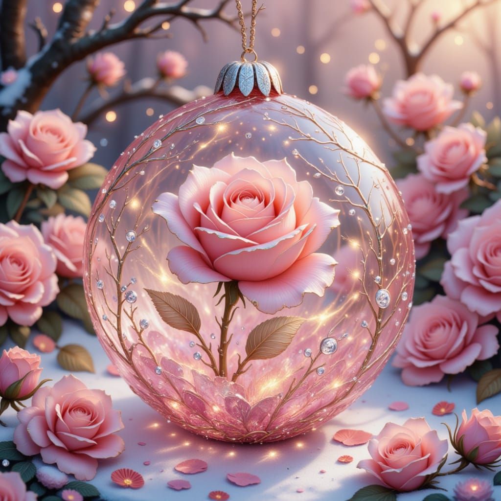 Glass Ornament with Pink Rose and Diamonds
