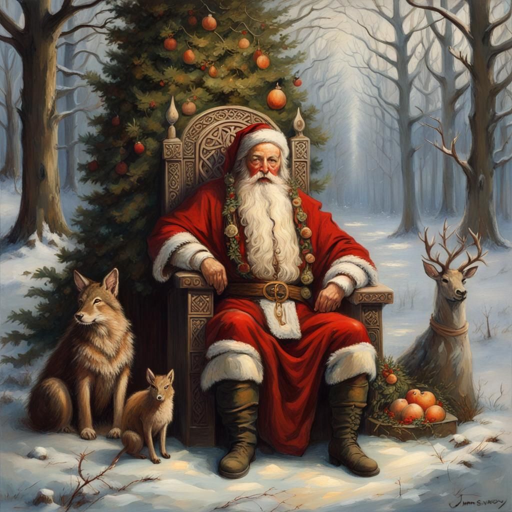 Druid Santa in Snowy Woodland Oil Painting