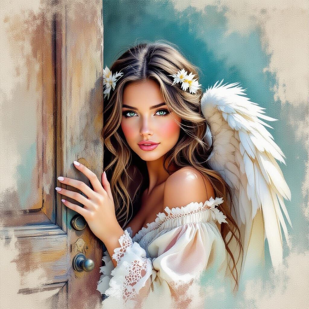 Angel Peeking Around Door in Boho Style
