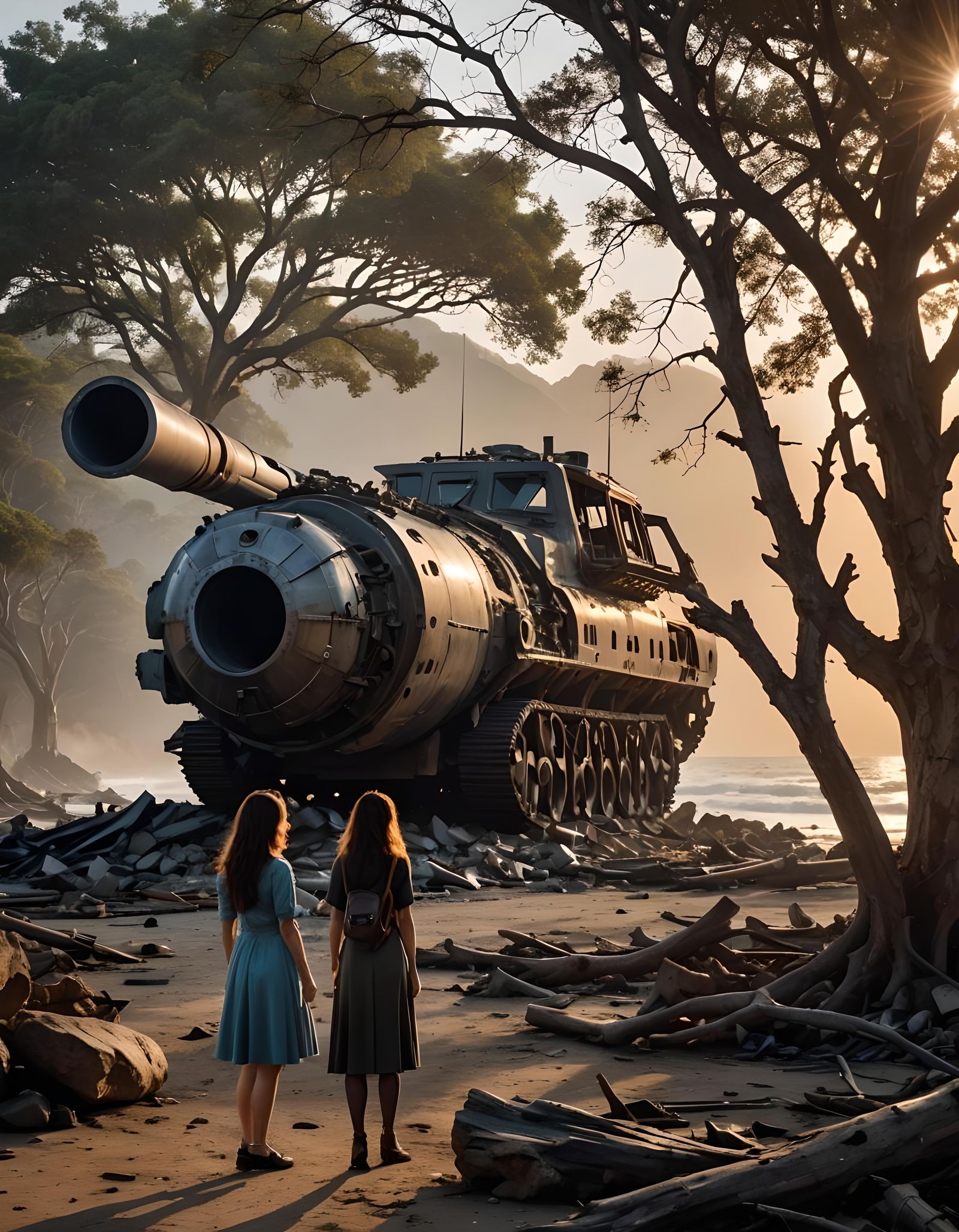 Ocean Wave and Rocket Wreckage at Sunrise