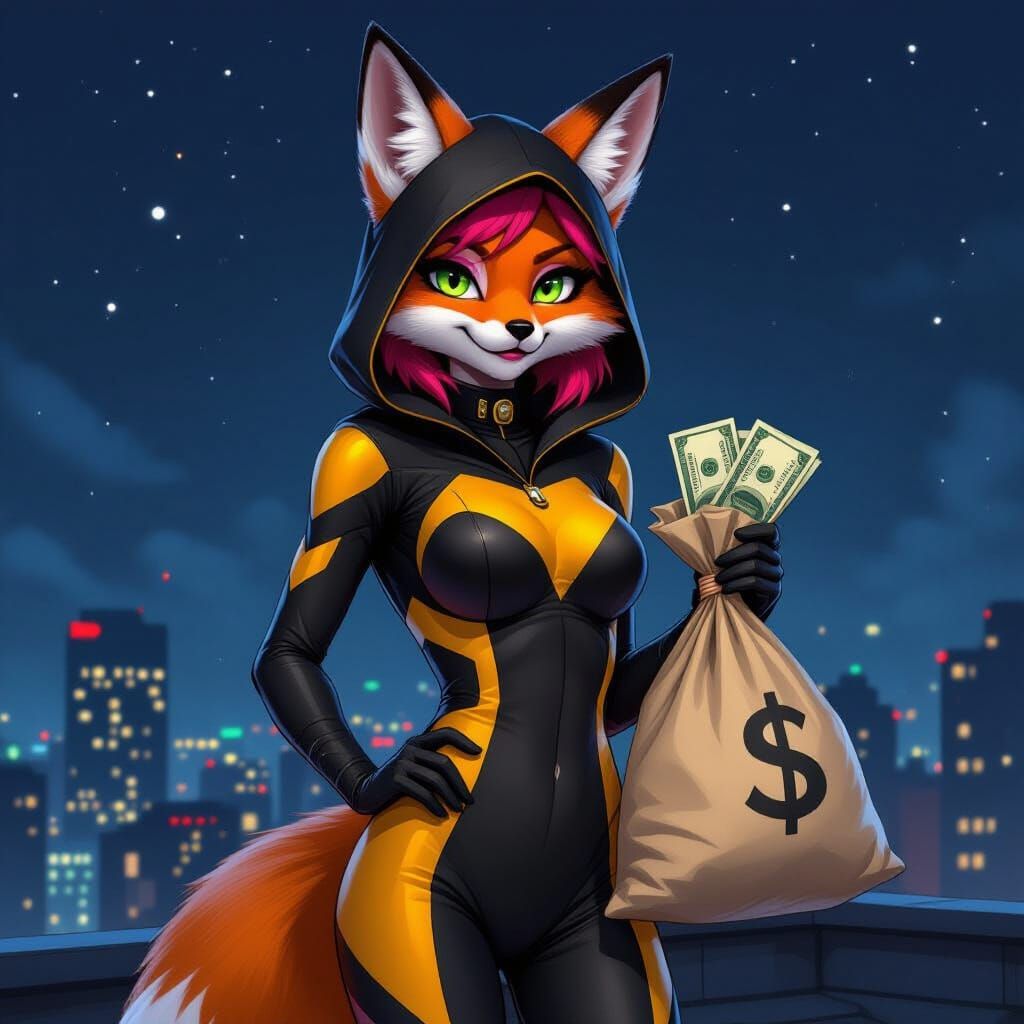 Fox Humanoid in Catsuit on Rooftop, Cinematic Style