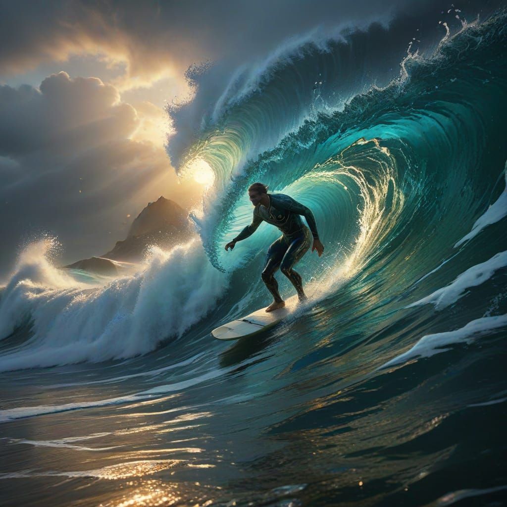 Surfer Rides Mystical Wave in Art Nouveau Style