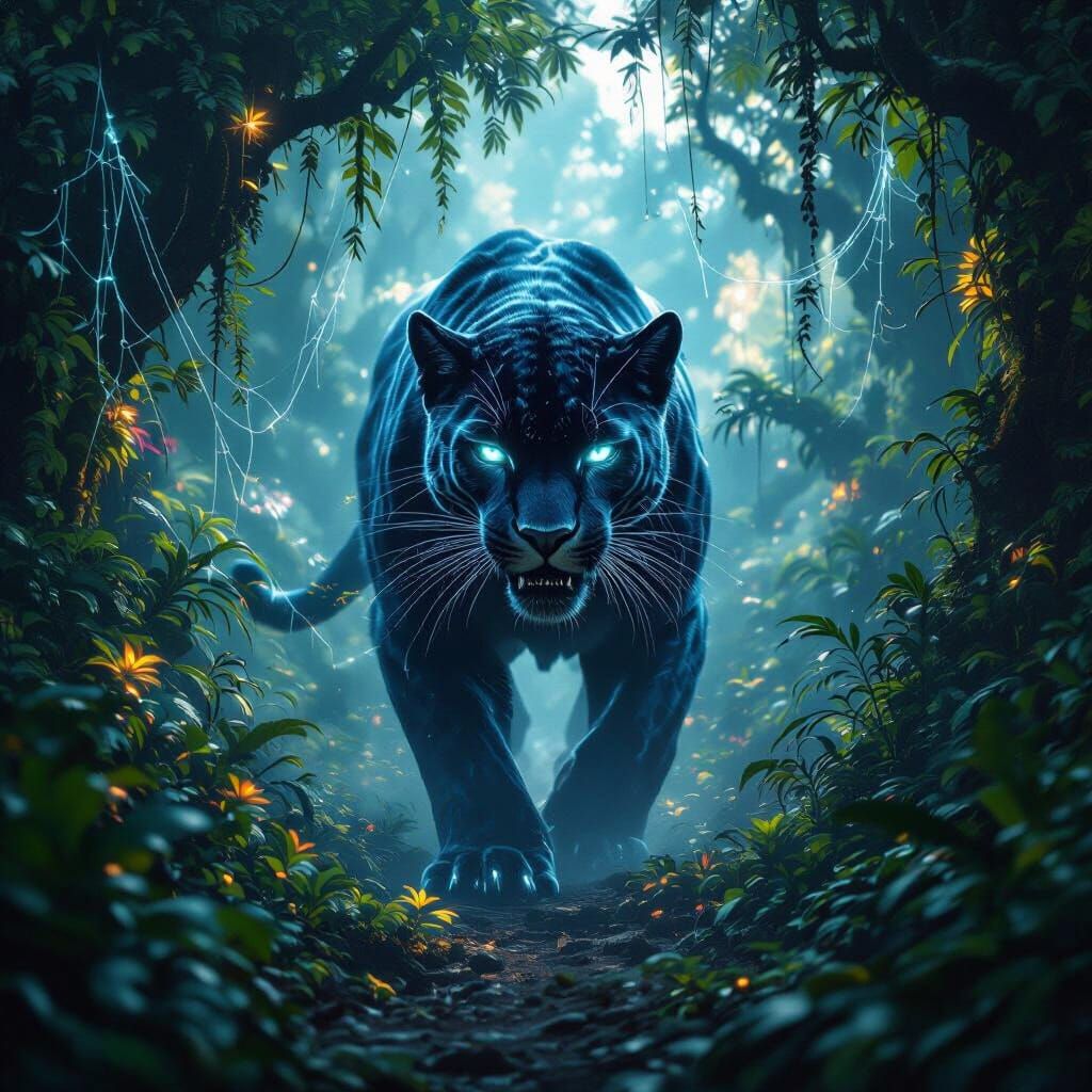 Bioluminescent Panther in Alien Jungle