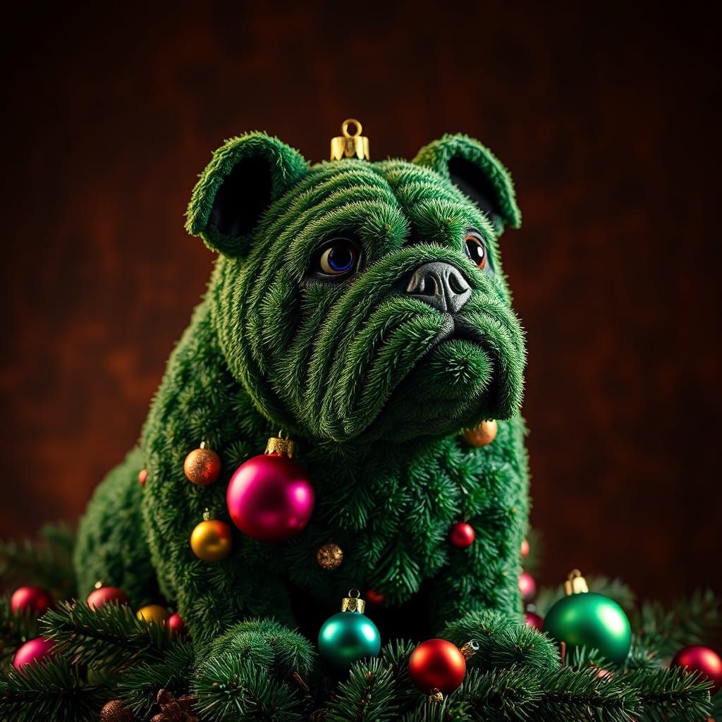Festive Christmas Bulldog Sculpture Made of Pine Needles