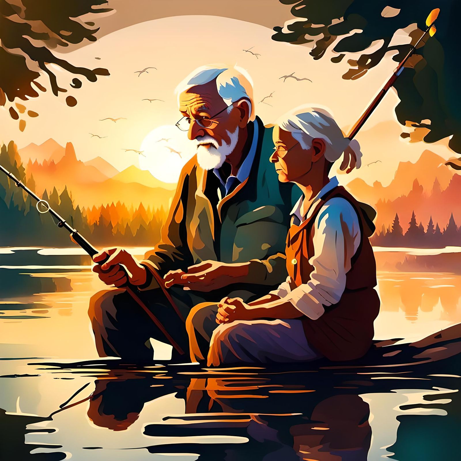 Generational Wisdom: Fishing Lesson at Sunset, Hyperdetailed...