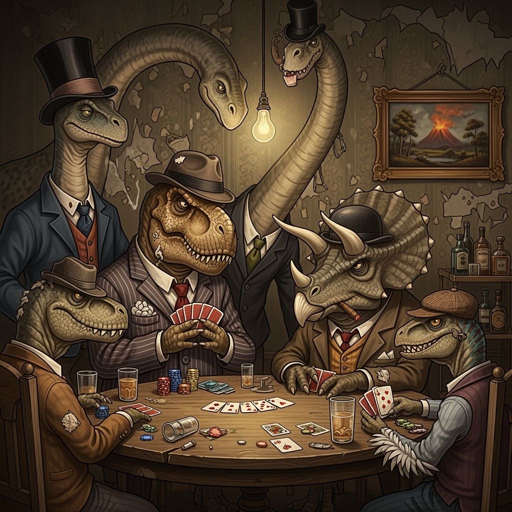 Dinosaurs Play Poker: A Humorous Populist Scene