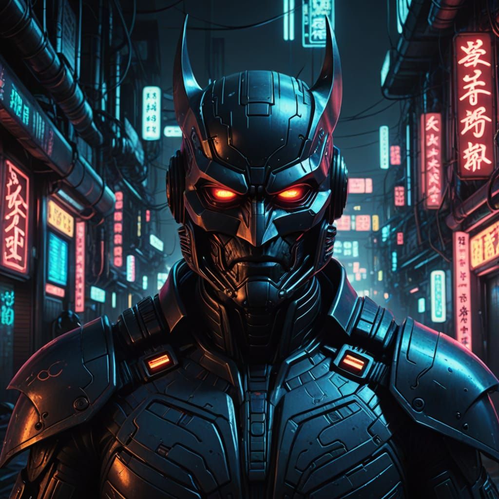 Cyberpunk Batman in Samurai-Helmeted Armor with Glowing Circ...