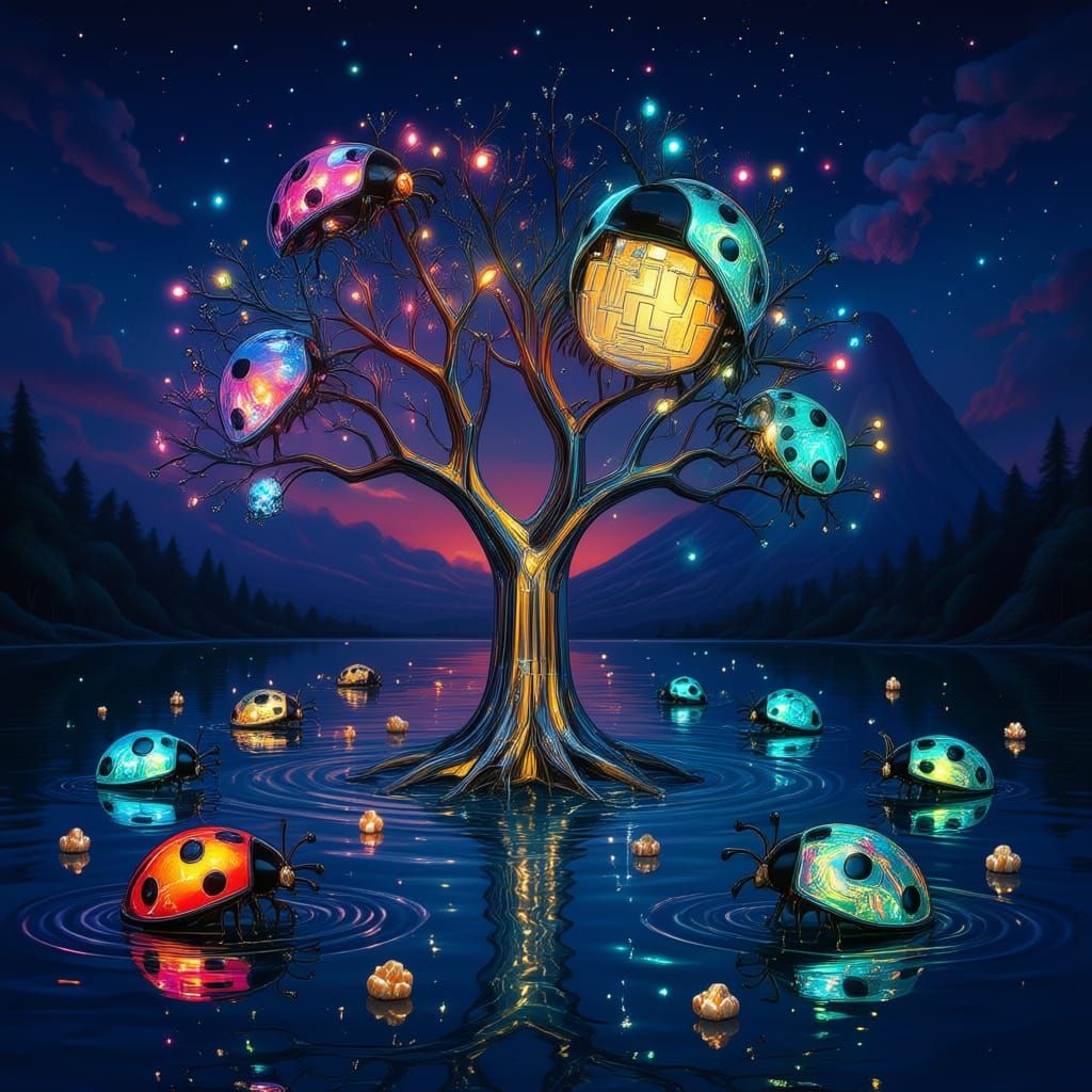 Giant Stained Glass Ladybugs in Chrome Tree Landscape