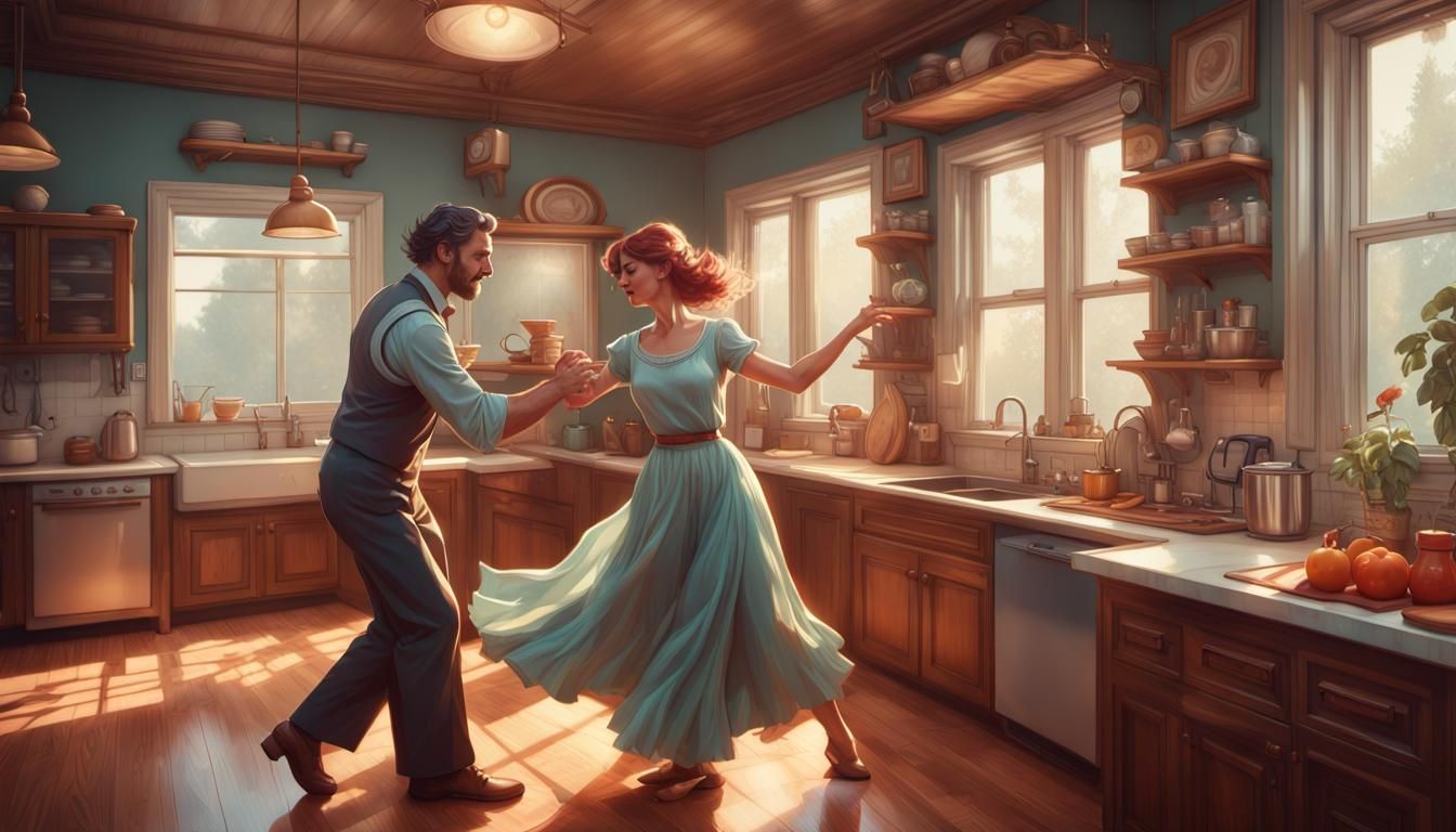 Retro Kitchen Dance Portrait in Detailed Concept Art