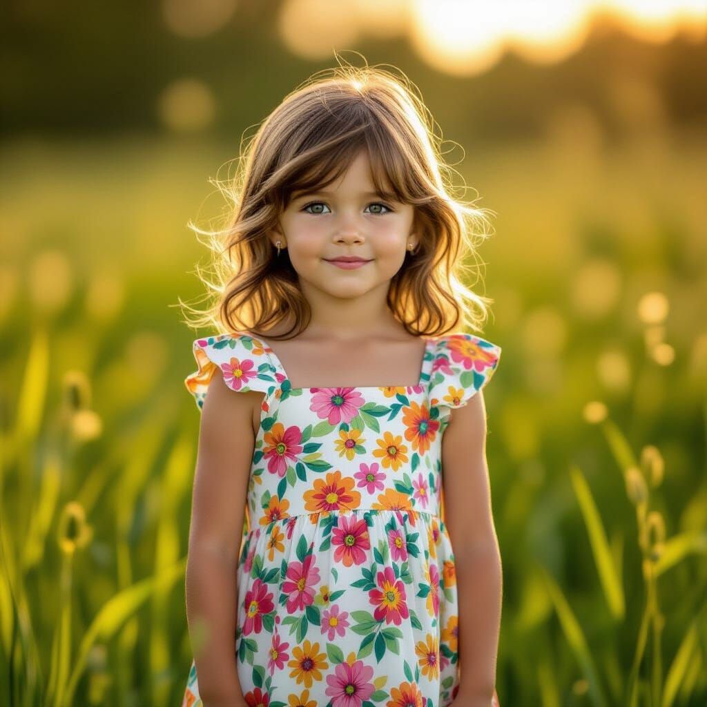 Young Girl in Summer Dress Amidst Golden Meadow