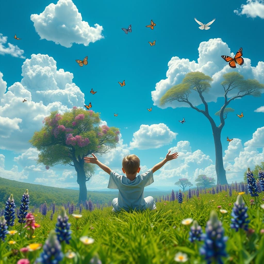 Dreamlike Landscape with Whimsical Clouds and Mythical Creat...