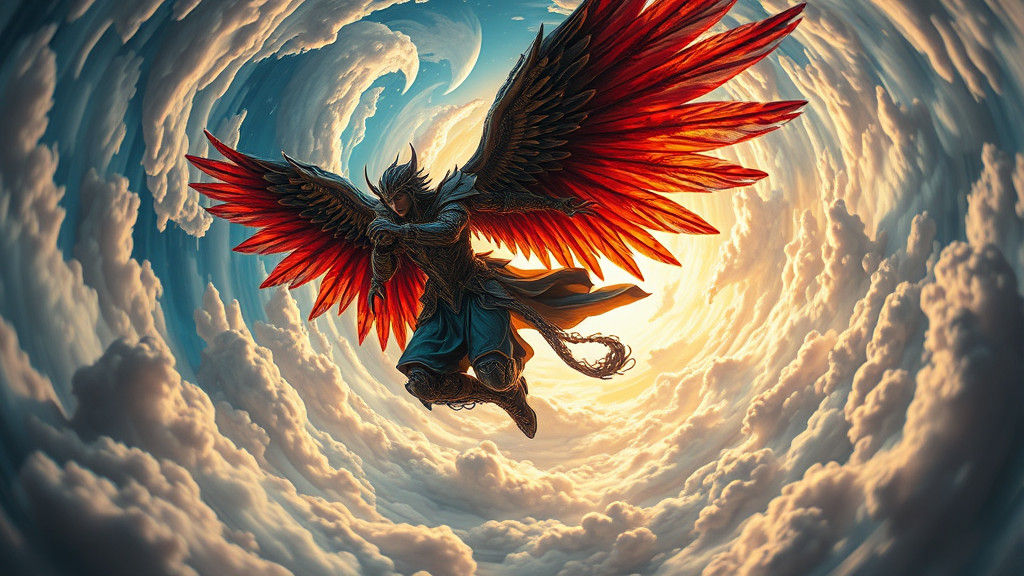 Ethereal Warrior Angel Soaring in Surreal Sky