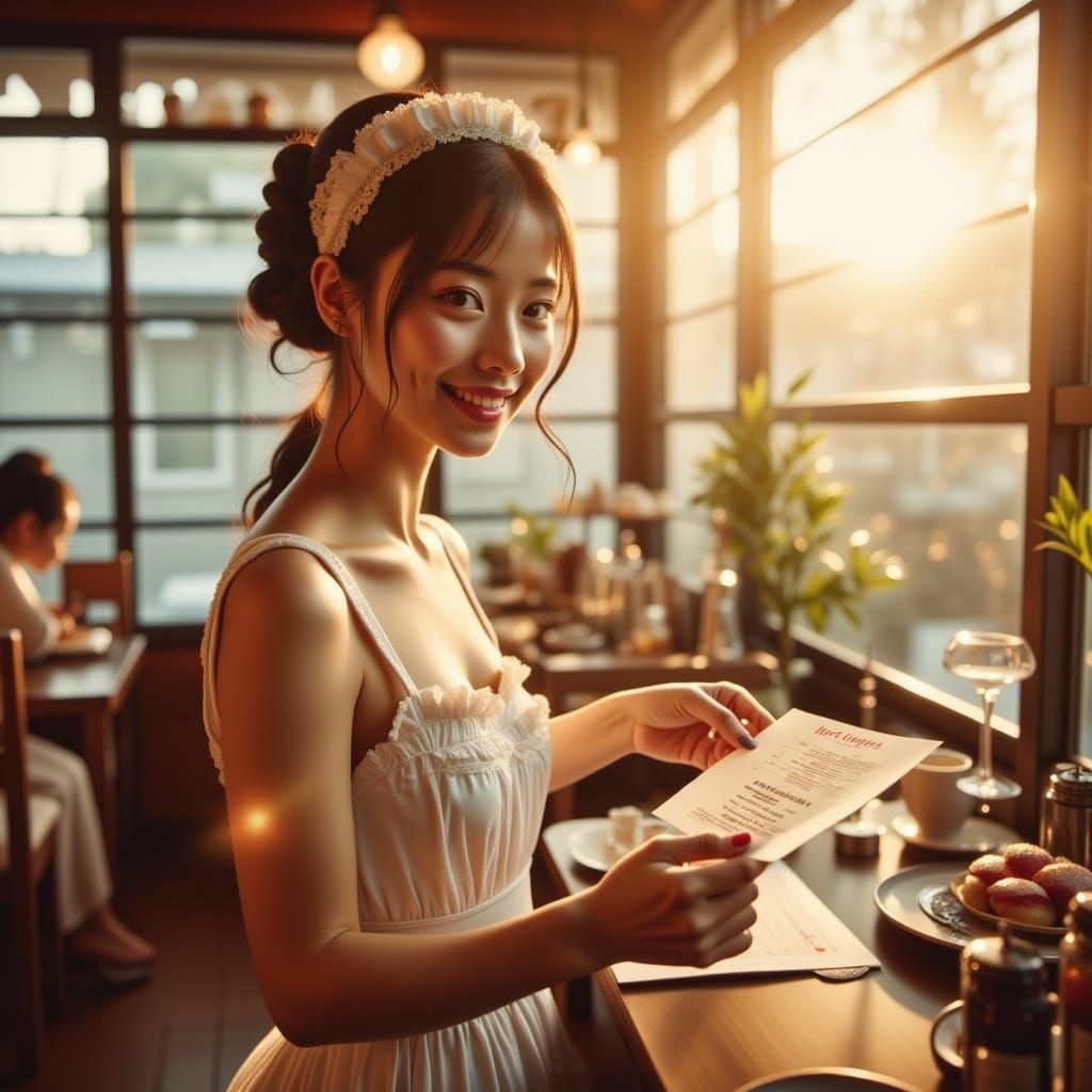 Japanese Maid Café Scene in Kyoto's Golden Hour