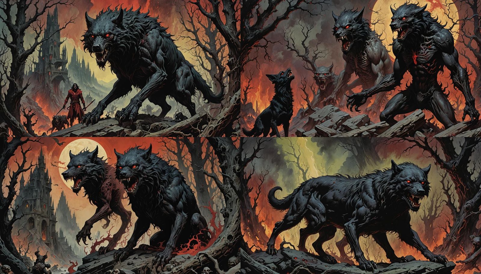 Bone fusion to black wolf,parallax howling,tinted crimson eyed creature,evil lyrical satanic abstraction, art style of B...