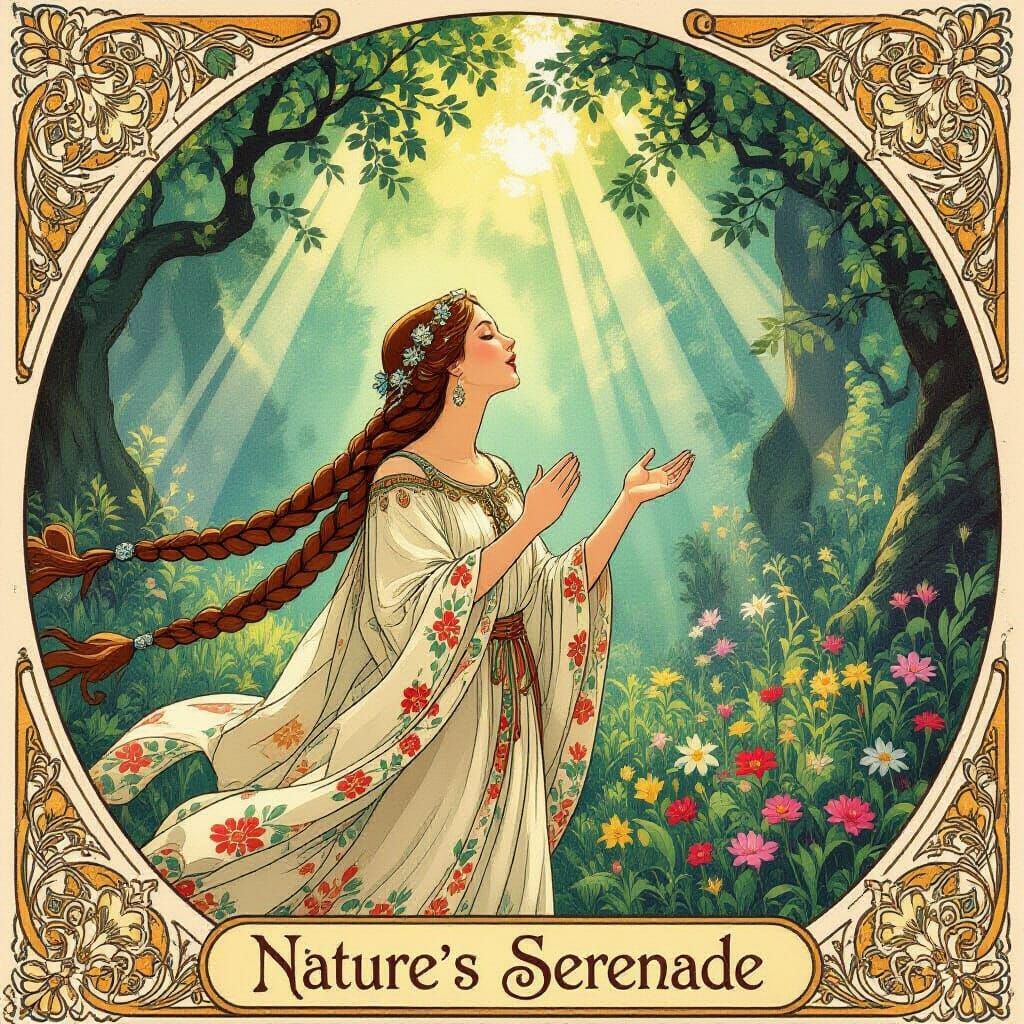Art Nouveau Serenade: Ethereal Singer in Lush Forest